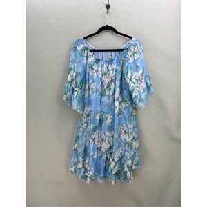 Elena Baldi Made in Italy Blue White Floral Silk Blend Ruffle Shift Dress Size M